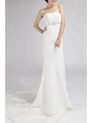 Lace Strapless Chapel Train Mermaid Wedding Dress with Crystal