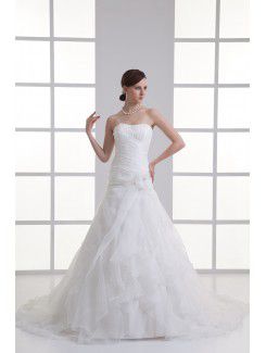 Organza primicia tren del barrido del a-line hamd-hecho vestido de novia de flores