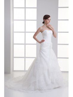 Organza Scoop A-line Sweep Train Hamd-made Flower Wedding Dress