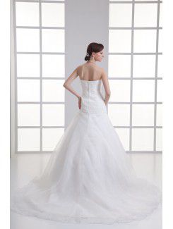 Organza Scoop A-line Sweep Train Hamd-made Flower Wedding Dress