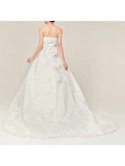 Satin Strapless Chapel Train Ball Gown Wedding Dress with Handmade Flowers