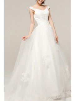 Satin V-neck Chapel Train A-line Wedding Dress with Embroidered