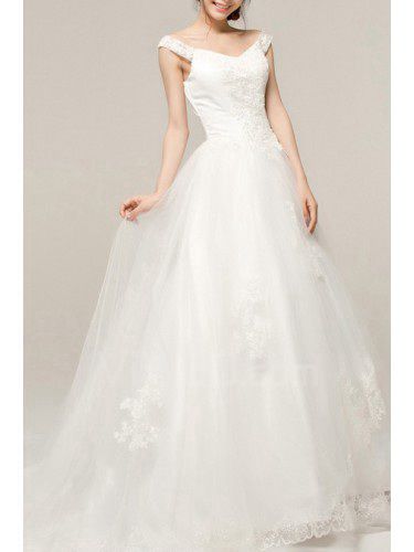 Satin train chapelle v-cou robe de mariée une ligne avec brodé