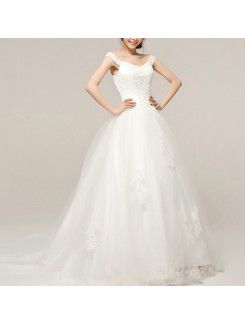 Satin V-neck Chapel Train A-line Wedding Dress with Embroidered