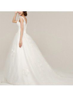 Satin V-neck Chapel Train A-line Wedding Dress with Embroidered