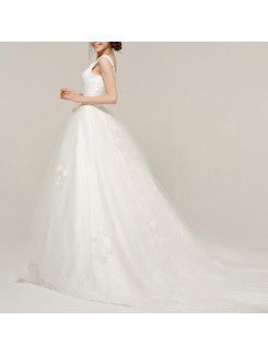 Satin V-neck Chapel Train A-line Wedding Dress with Embroidered