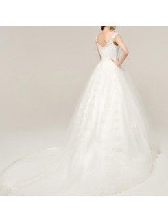 Satin V-neck Chapel Train A-line Wedding Dress with Embroidered