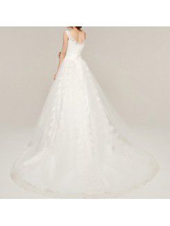 Satin V-neck Chapel Train A-line Wedding Dress with Embroidered