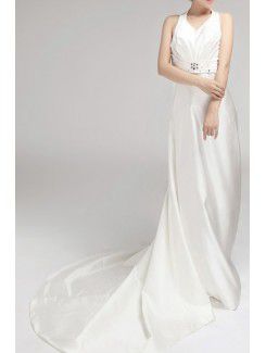 Satin Halter Chapel Train Empire Wedding Dress with Crystal