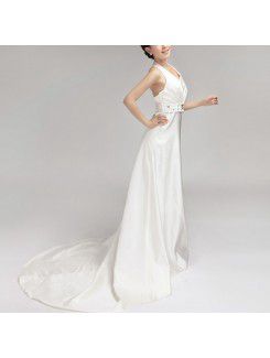 Satin Halter Chapel Train Empire Wedding Dress with Crystal