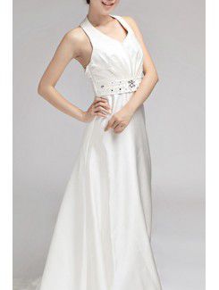 Satin Halter Chapel Train Empire Wedding Dress with Crystal