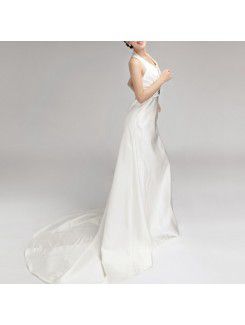 Satin Halter Chapel Train Empire Wedding Dress with Crystal