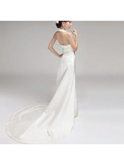 Satin Halter Chapel Train Empire Wedding Dress with Crystal