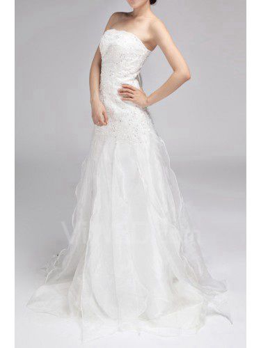 Chiffon senza spalline treno cappella a-line abito da sposa con paillettes