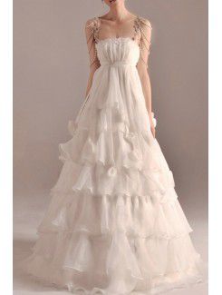 Organza Spaghetti Floor Length A-line Wedding Dress with Handmade Flowers