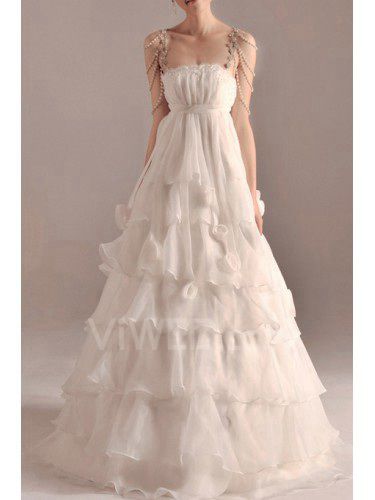 Organza Spaghetti Floor Length A-line Wedding Dress with Handmade Flowers