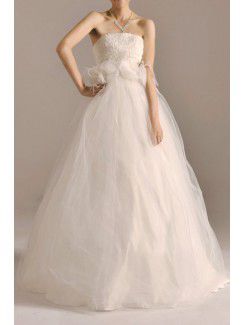 Tulle Strapless Floor Length A-line Wedding Dress with Handmade Flowers