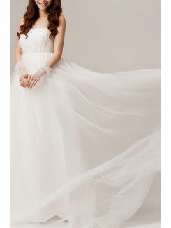 Tulle Strapless Sweep Train Ball Gown Wedding Dress with Crystal