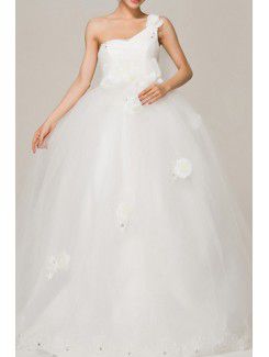 Satén de un hombro piso-longitud del vestido de bola vestido de novia con flores hechas a mano