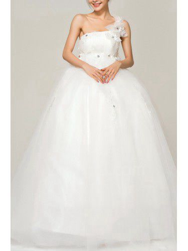 Satin One Shoulder Floor Length Ball Gown Wedding Dress with Crystal