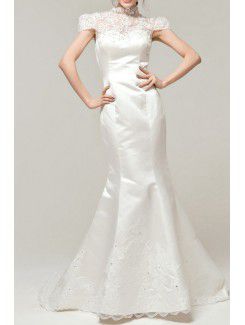 Satin High Collar Chapel Train Mermaid Wedding Dress with Sequins