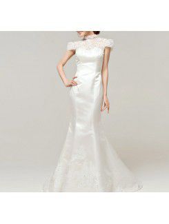 Satin High Collar Chapel Train Mermaid Wedding Dress with Sequins