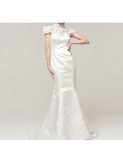 Satin High Collar Chapel Train Mermaid Wedding Dress with Sequins