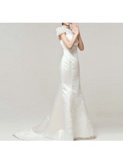 Satin High Collar Chapel Train Mermaid Wedding Dress with Sequins