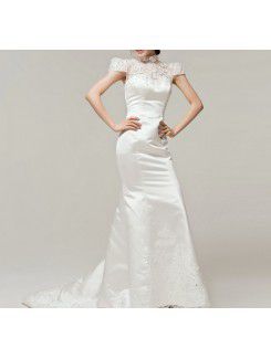 Satin High Collar Chapel Train Mermaid Wedding Dress with Sequins