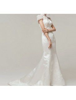 Satin High Collar Chapel Train Mermaid Wedding Dress with Sequins