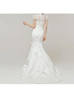 Satin High Collar Chapel Train Mermaid Wedding Dress with Sequins