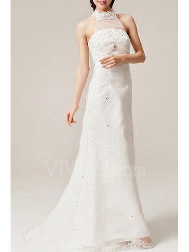 Lace Halter Floor Length Mermaid Wedding Dress with Crystal