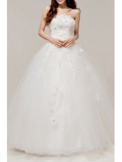 Satin Strapless Floor Length Ball Gown Wedding Dress with Embroidered