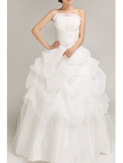 Satin Strapless Floor Length Ball Gown Wedding Dress with Pearls