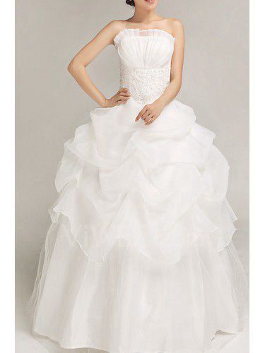 Satin Strapless Floor Length Ball Gown Wedding Dress with Pearls