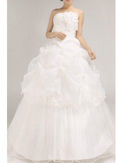 Organza Strapless Floor Length Ball Gown Wedding Dress with Handmade Flowers