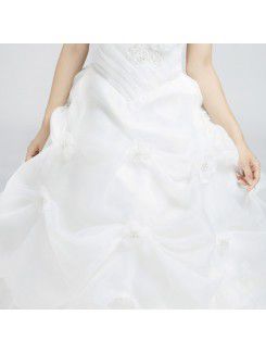 Organza Strapless Floor Length Ball Gown Wedding Dress with Handmade Flowers