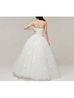 Satin Strapless Floor Length Ball Gown Wedding Dress with Handmade Flowers