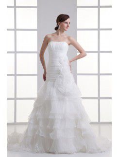 Organza Strapless A-line Sweep Train Hamd-made Flowers Wedding Dress