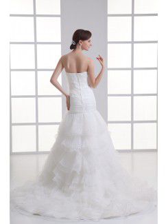 Organza Strapless A-line Sweep Train Hamd-made Flowers Wedding Dress