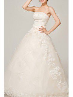 Satin Strapless Floor Length Ball Gown Wedding Dress with Embroidered