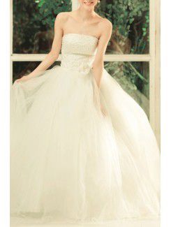 Satin Strapless Floor Length Ball Gown Wedding Dress with Embroidered