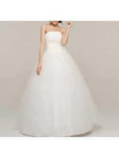 Satin Strapless Floor Length Ball Gown Wedding Dress with Handmade Flowers