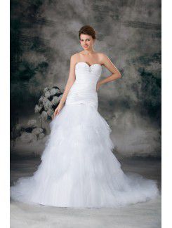 Satin and Net Sweetheart Sweep Train Sheath Embroidered Wedding Dress