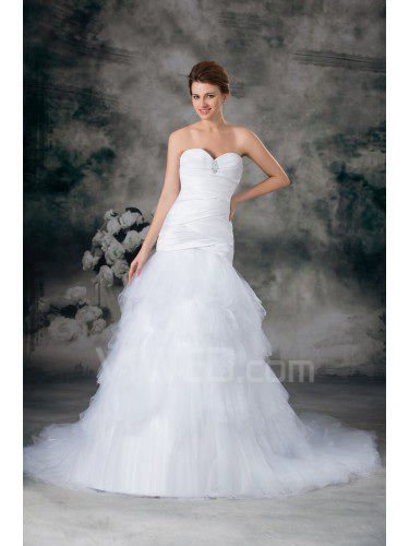 Satin and Net Sweetheart Sweep Train Sheath Embroidered Wedding Dress