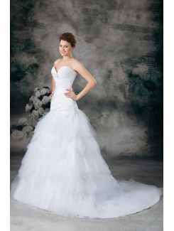 Satin and Net Sweetheart Sweep Train Sheath Embroidered Wedding Dress