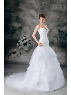 Satin and Net Sweetheart Sweep Train Sheath Embroidered Wedding Dress