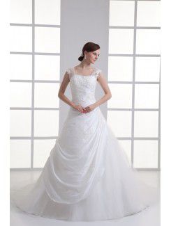 Taffeta Strapless A-line Floor Length Hamd-made Flowers Wedding Dress