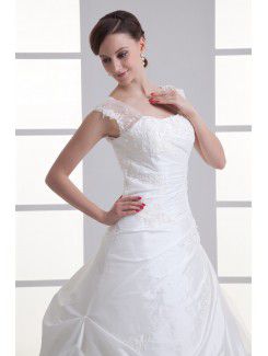 Taffeta Strapless A-line Floor Length Hamd-made Flowers Wedding Dress