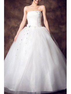 Net Strapless Floor Length Ball Gown Wedding Dress with Beading